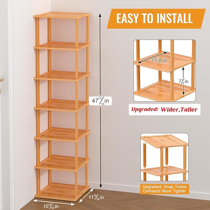 Bamboo Free Standing Shoe Rack Shelf Multi Tier Tall Wooden Stackable Shoes Rack Organizer for Closet Front Door Entrance Narrow Vertical Shoe Storage Rack for Corner Stand (Nature, 7 Tiers)-NeatNest
