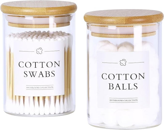 2 Pack Qtip Holder Dispenser - Glass Apothecary Jars with Lids, Cotton Ball Pad Swab Round Holder, Bamboo Bathroom Accessories, Bathroom Organizers Containers Jars Canisters with Lids-NeatNest