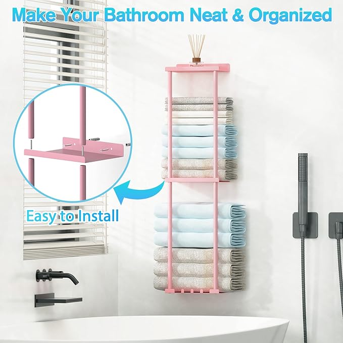 Towel Rack for Bathroom, Wall Mounted Vertical Rolled Towel Storage Organizer Holder with Shelf, Holds Up 6 Large Bath Sheets, Pink