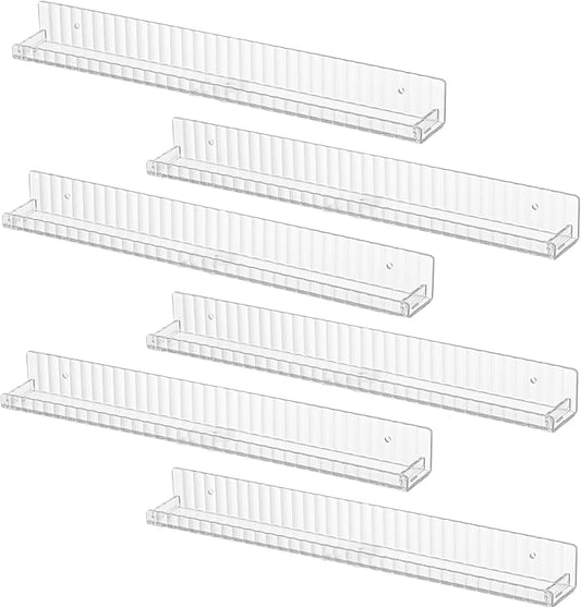 IEEK 6 PCS Acrylic Floating Bookshelf for Kids Room,15 Inch Modern Picture Ledge Display Shelf with Detachable Baffle,Nail Polish Rack Vertical Striped Wall Shelves for Wall Decor and Storage,Clear-NeatNest
