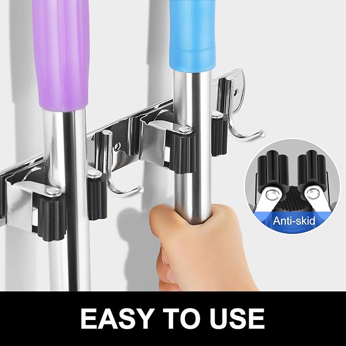 IMILLET Broom and Mop Holder Wall Mounted, Stainless Steel Broom Holder Mop Holder Self Adhesive Heavy Duty Hooks Storage Organizer for Home Laundry Room Garden Garage（3 Racks with 4 Hooks）-NeatNest