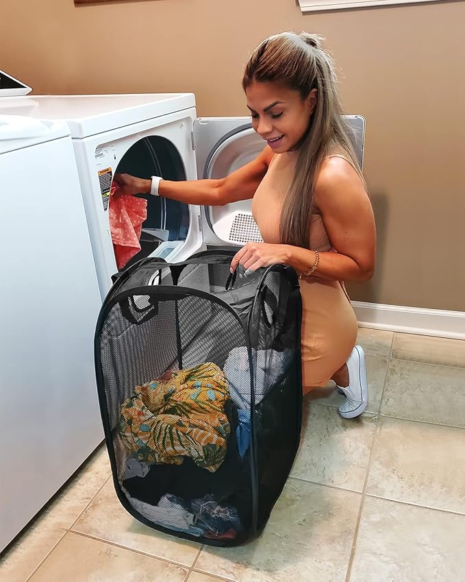 HOUSE AGAIN Mesh Popup Laundry Hamper, [Reinforced] Collapsible Laundry Basket, Foldable Pop Up Hamper with Durable Handles, Easy to Open and Fold for Dorm, Laundry Room, Bedroom, Travel, (Black)-NeatNest