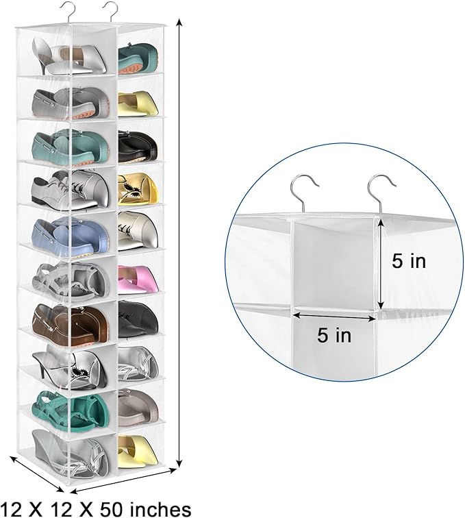coastal rose Hanging Shoe Organizer for Closet, 20 Sections Hanging Closet Organizers and Storage Shelves, Space Saving Shoe Storage Rack Holder, Transparent White, 12''W×12''Dx 50''H-NeatNest
