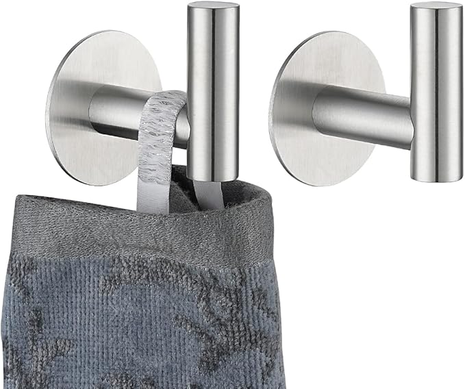 JQK Self Adhesive Towel Hook Brushed, No Drill Stick on Coat Robe Clothes Wall Hook for Bathroom Kitchen Garage 2 Pack, 304 Stainless Steel Brushed Steel, ATH110-BN-P2