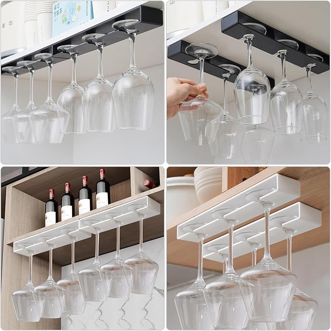 2 Pack Wine Glass Holder,Wine Glass Rack Punch-free Under Cabinet Wine Glass Holder Hanging Plastic Stemware Rack（White）