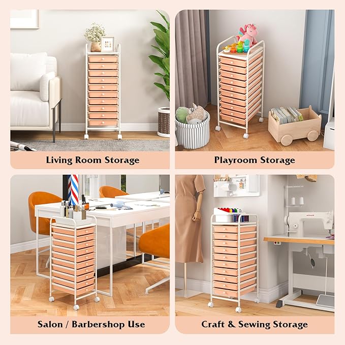 COSTWAY 10-Drawer Rolling Storage Cart, Utility Mobile Trolley with Removable Drawers & Universal Casters & 2 Brakes, Versatile Flexible Drawer Organizer Cart for Home, Office, Peach-NeatNest