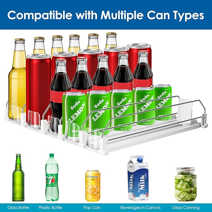 Drink Organizer for Fridge, Adjustable Width Soda Can Dispenser for Refrigerator Organizers and Storage, 5 Rows Beer Bottle Beverage Holder with Pusher Glide (16.54" L, White)