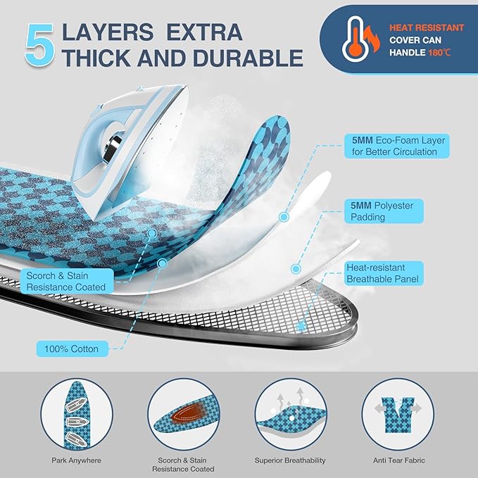 APEXCHASER Ironing Board, Foldable Iron Board with Iron Rest, Metal Panel Ironing Board, Adjustable Height Heavy Duty Irons Board with Germent Rack, Heat & Scorch Resistant Cover, 13x43 Blue