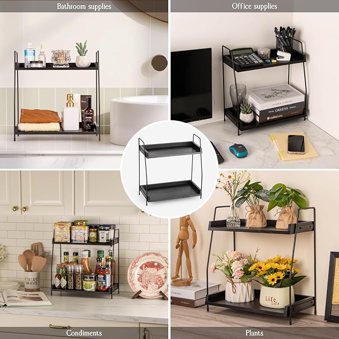 2-Tier Coffee Station Organizer, Wooden Kitchen Counter Shelf - Black