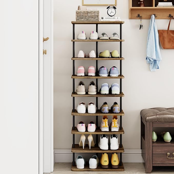 AZERPIAN Shoe Rack 9 Tier Vertical Storage Organizer Double Row Narrow Metal Slim Shelf Modern Free Standing Shoe Tower Saving Space for Closet Entryway Bedroom,Black+Rustic Brown-NeatNest