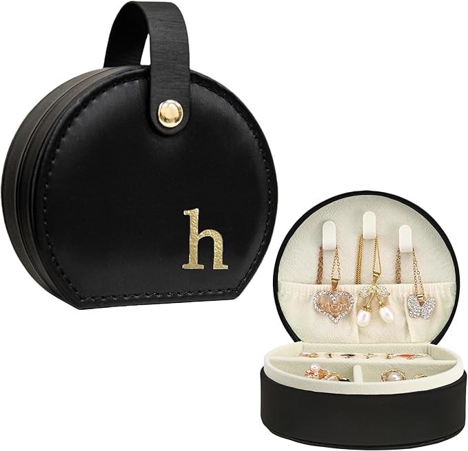 COLLECTIVE HOME - Travel Jewelry Case, Elegant Half-Moon Design with Gold Monogram, Detachable Handle, Personalized Accessory Organizer, Gift for Fashion-Forward Women and Teens, Black (h)-NeatNest