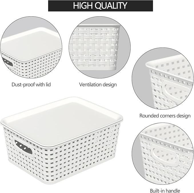 6 Pack Plastic Storage Baskets with Lids, Stackable Decorative Box Bin, Small Weave Storage Containers, White