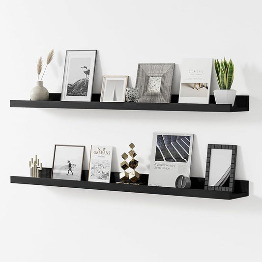 Floating Shelves for Wall, 36 inch Solid Wood Picture Ledge Shelf, Picture Shelf for Wall with Ledge, Floating Book Shelves for Living Room Bedroom Kitchen Nursery Decor, Black, Set of 2-NeatNest