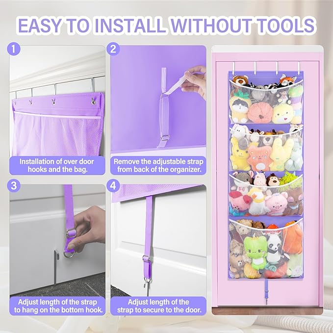Hanging Stuffed Animal Storage, Over Door Large Plush Toy Organizer with Metal Hook, Baby Accessory Holder Idea for Nursery, Doll & Bear Mesh Hammock Bag for Girl Boy Kid Room-NeatNest