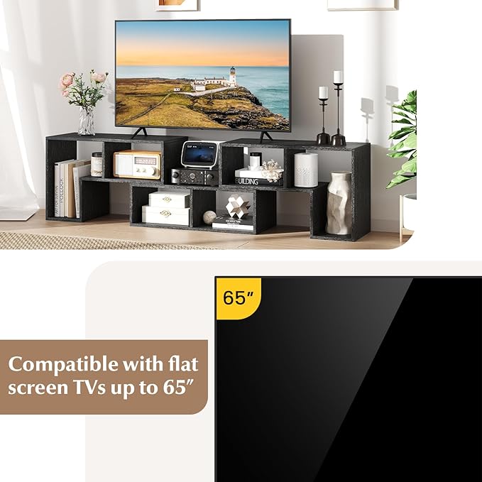 GOFLAME 3 Pieces TV Console Stand, Modern Entertainment Center for 50 55 60 65 Inch Flat Screen TV, Free Combination Bookcase for Storage & Display, Suitable for Living Room (Black Wood Grain)-NeatNest