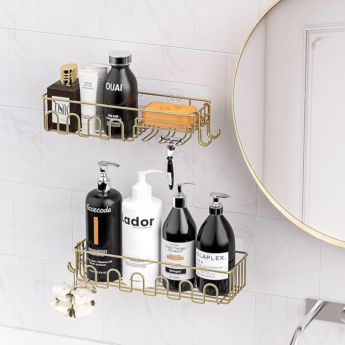 Adhesive Shower Caddy: 2 Bonus Hooks, 4-Pack Wall Mounted Bathroom Storage Shelf, Rustproof Metal Basket Organizer for Kitchen & Bathroom No Drill Gold