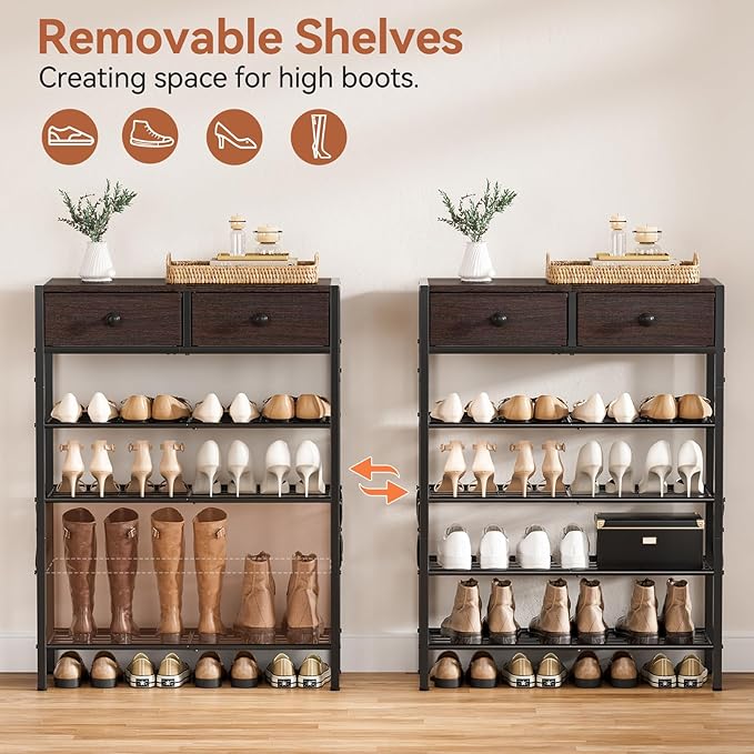 Shoe Rack for Entryway, 5 Tier Shoe Organizer with 2 Non-Woven Drawers, Metal Storage Shoe Shelf for 16-20 Pairs of Shoes, with Wooden Top and Steel Frame, Shoe Stand for Closet Dark Brown-NeatNest