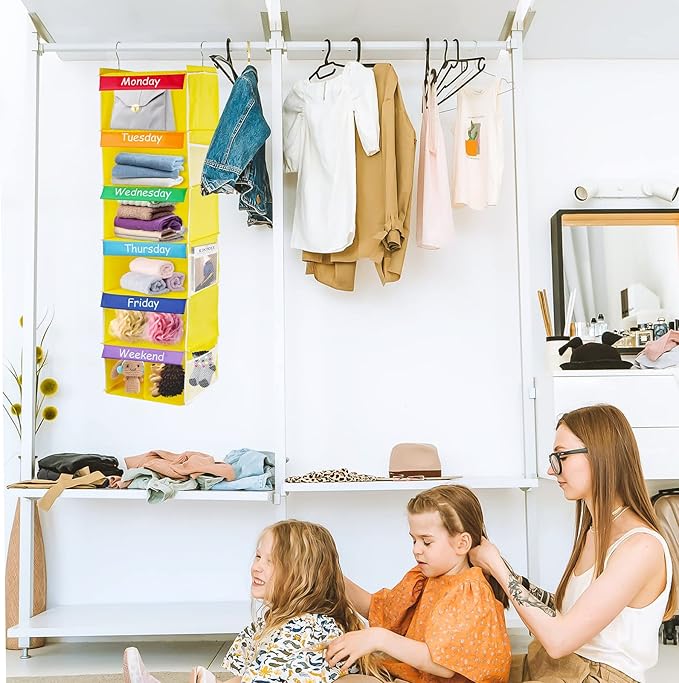 6-Shelf Weekly Closet Hanging Organizer for Kids, 7-Grid Days of The Week Baby Kids Clothing Organize Monday Through Sunday, Foldable Oxford Cloth Closet Clothes Organize Weekday (Yellow)-NeatNest