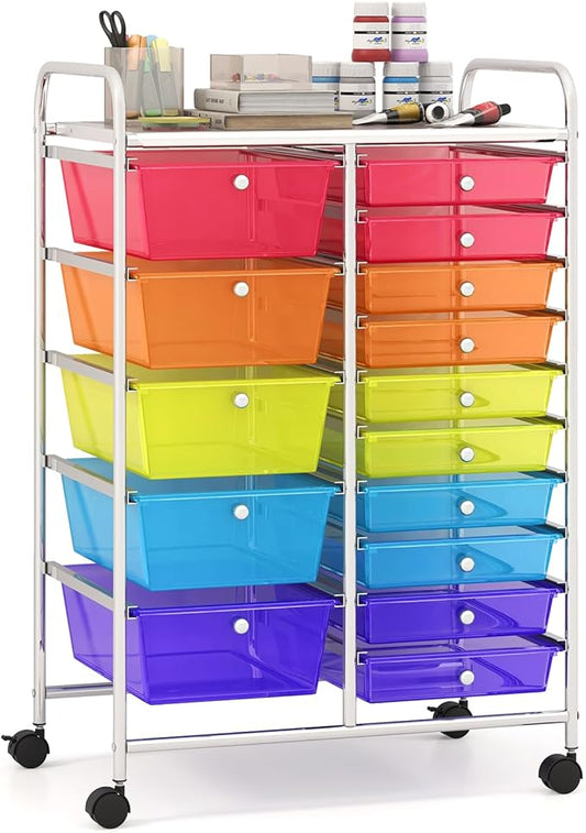 Giantex 15 Drawer Rolling Cart with Drawers, Storage Organizer Cart for Classroom Office School Teacher, Mobile Drawer Cart for Tools, Crafts, Small Printer, Paper (Clear Red+Orange+Green+Blue+Purple)
