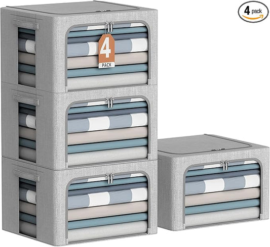 4 Pack Clothes Storage Bins with Metal Frame - Linen Fabric Foldable Stackable Container Organizer Set with Clear Window & Carry Handles & Zippers (Light Grey, 15.7"x11.8"x7.8")-NeatNest