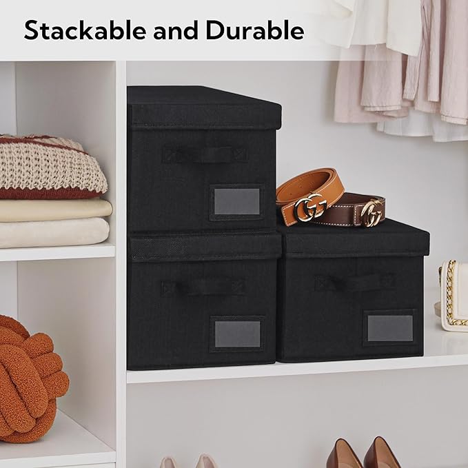 GRANNY SAYS Storage Bins With Lids, Linen Decorative Boxes for Shelves, Clothes Organization, 3-Pack, Black-NeatNest