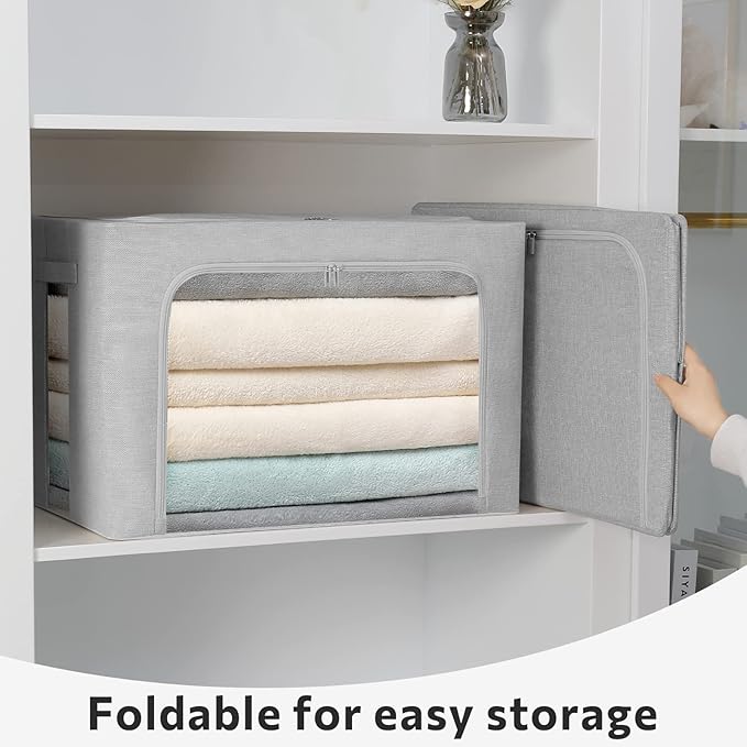 2 Pack Clothes Storage Bins Stackable Metal Frame Storage Box Large Capacity Foldable Linen Fabric Box Organizer with Carrying Handles and Clear Window (Light Gray, 19.7x 15.7x 12.6 Inch)-NeatNest