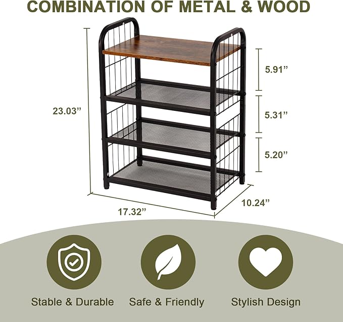 Shoe Rack, 4-Tier Shoe Organizer with Guardrails, Heavy-Duty Metal Mesh Shelves & Rustic Wooden Top for Stylish Closet & Front Door Storage-NeatNest
