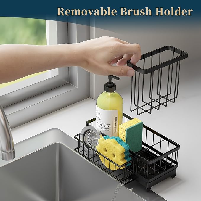 Consuemst Sponge Holder for Kitchen Sink - Auto Draining Sink Caddy Organizer with Detachable Rack, High Brush Holder, Kitchen Countertop Storage Accessories, Black-NeatNest