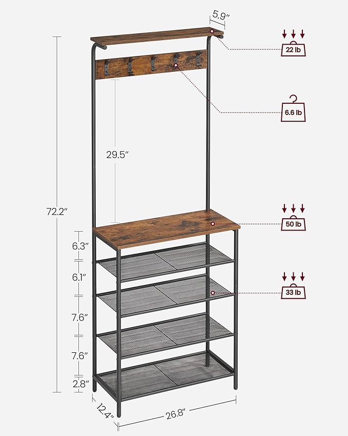 VASAGLE Hall Tree with Shoe Bench, Coat Rack Shoe Bench, 5-Tier Shoe Rack Different Heights, 5 Dual Hooks, Top Shelf, Entryway Organizer, Hallway Bedroom Dorm, Rustic Brown and Black UHSR412B01-NeatNest