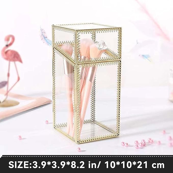 Glass Makeup Brush Holder with Lid Organizer Vintage Cosmetic Hexagonal Display Cases Brush Storage with Free White Pearls - Gold-NeatNest