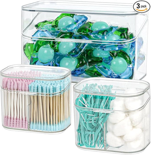 Clear Bathroom Organizer, 2-Size Essentials Set for Hail Accessories & Beauty Supplies,Cotton Swabs,Balls,Pads - Small Clear Plastic Canister Apothecary Jar Set, Vanity Makeup Storage Organizer (L+2S)-NeatNest
