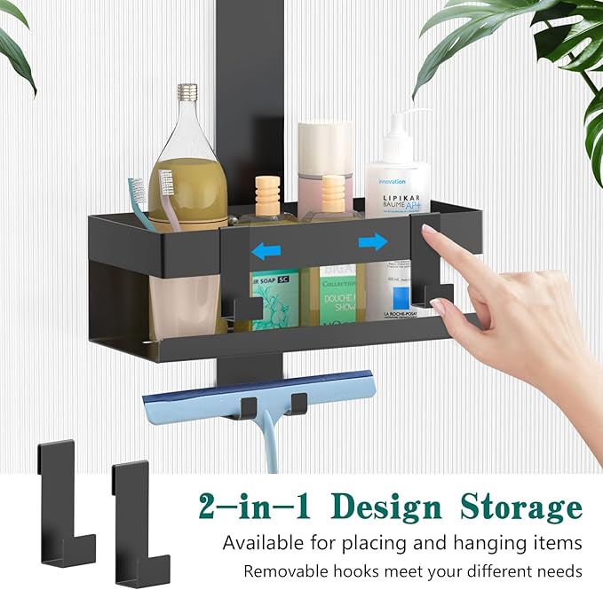 Over The Door Shower Caddy, 304 Stainless Steel Hanging Shower Caddy Rustproof Shower Shelves, No Drilling Hanging Shower Organizer for Bathroom Glass Door, Black