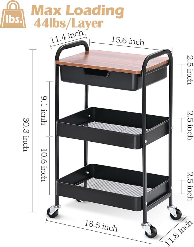 TOOLF 3-Tier Utility Rolling Cart with Wooden Board and Drawer, Metal Storage Cart with Handle, Black Trolley Kitchen Organizer Rolling Desk with Locking Wheels for Office, Classroom, Home, Bedroom-NeatNest