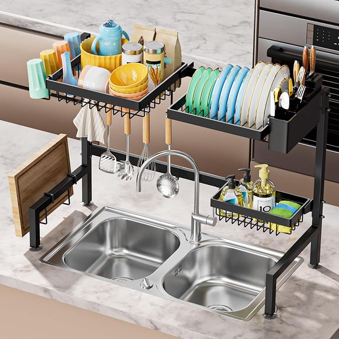 YKLSLH Over The Sink Dish Drying Rack 2 Tiers, for All Sinks (24.8"-35.4"),Expandable Large Capacity Sink Rack, Metal Drying Rack for Kitchen and Family Use