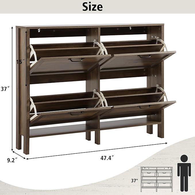 Shoe Storage Cabinet with 4 Flip Drawers, Wooden Shoe Rack with Metal Handle, Freestanding Hidden Shoe Storage Organizer with Open Shelf, Narrow Shoe Rack for Entryway, Hallway (Brown)