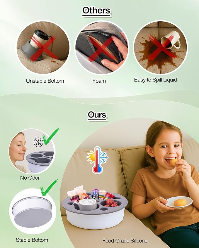 Round 7-in-1 Bed & Couch Cup Holder Tray,Waterproof Silicone Sofa and Bed Organizer Caddy,Large Capacity Couch Drink Holder Caddy for Remote Control Drinks, Snacks, Cell Phones, Headphones-NeatNest