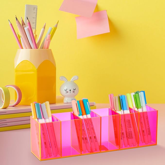 Jetec Acrylic Pen Holder 6 Compartments Makeup Brush Stationery Organizer Pencil Holder for Desk Accessories, Cosmetic Brushes, Dorm, Home, Bathroom, Kitchen, Office Supplies(Neon Pink)-NeatNest