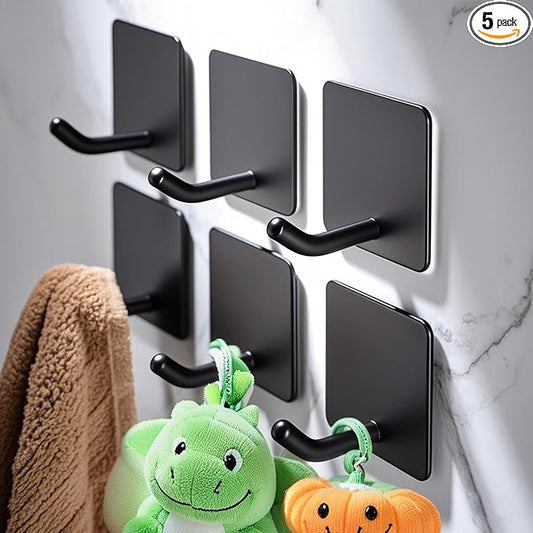 DELITON 6 Pack Towel Hooks for Hanging, Adhesive Hooks Stick on Wall for Bathroom Kitchen Heavy Duty Stainless Steel, Black-NeatNest