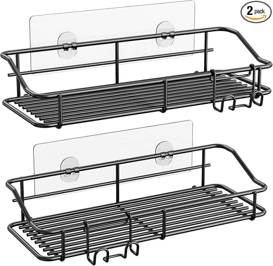 Nieifi Shower Caddy Shelf with Hooks Storage Rack Organizer Adhesive Stainless Steel Without Drilling for Bathroom, Lavatory, Washroom, Restroom, Shower, Toilet, Kitchen - 2 Pack (Black)-NeatNest