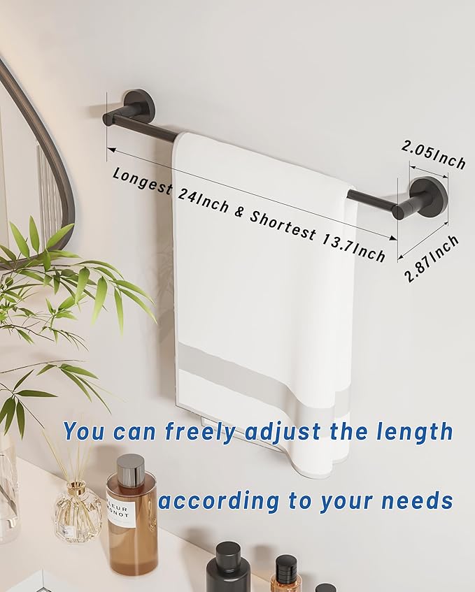 Fixsen Adjustable Towel Bar, Bathroom Towel Holder from 13.7 to 24Inch, SUS304 Stainless Steel Single Towel Racks for Bathroom, Heavy Duty Wall Mounted (Matte Black)