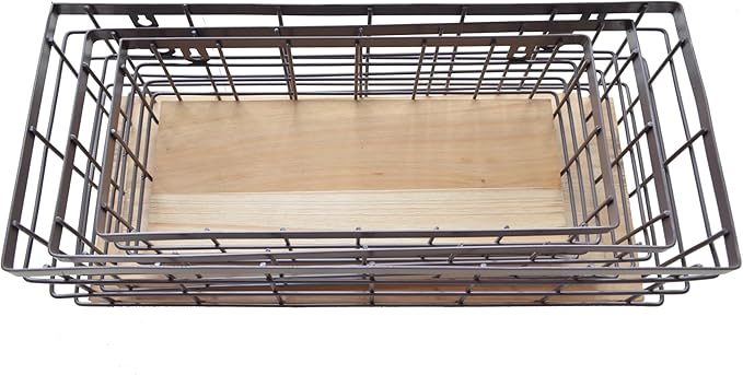 Metal Wire Basket Detachable Wood Base Storage Organizer Farmhouse Bin for Kitchen Cabinets, Bathroom, Pantry, Laundry Room, Closets Set of 3,Brown Color