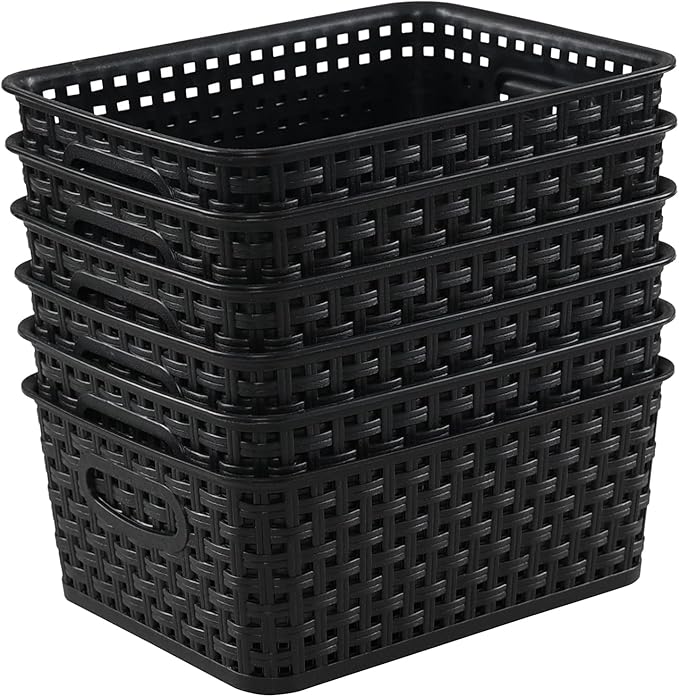 Anbers Plastic Weave Storage Baskets Bins, 6 Packs Small Storage Basket, Black-NeatNest