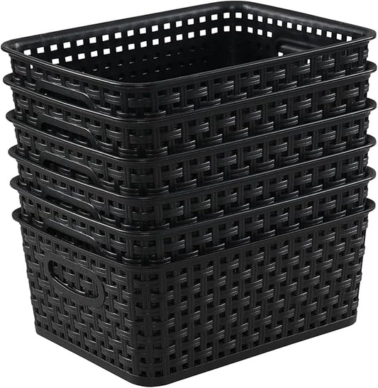 Anbers Plastic Weave Storage Baskets Bins, 6 Packs Small Storage Basket, Black-NeatNest