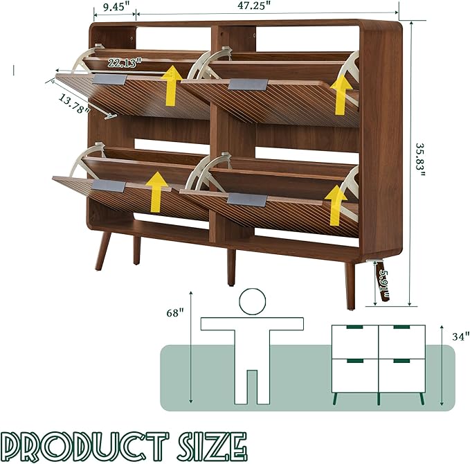 47" Fluted Large Shoe Cabinet with 4 Flip Drawers, Slim Freestanding Shoe Cabinet Organizer, Narrow Shoes Storage Rack for Entryway, 5 Sturdy Legs (Walnut, 9.45" D x 47.24" W x 35.83" H)