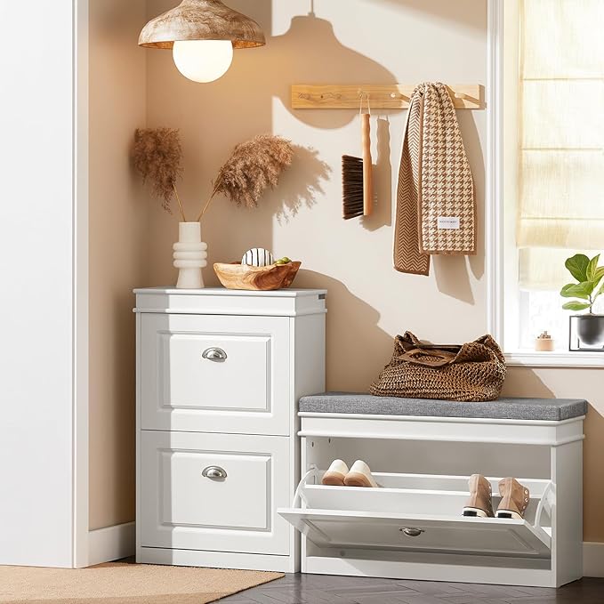 Haotian Shoe Storage Bench with Cushion, White Narrow Shoe Rack for Entryway, Small Shoe Cabinet with 2 Tiers Flip-Drawer, Closet Hallway Mudroom FSR82-L-W-NeatNest