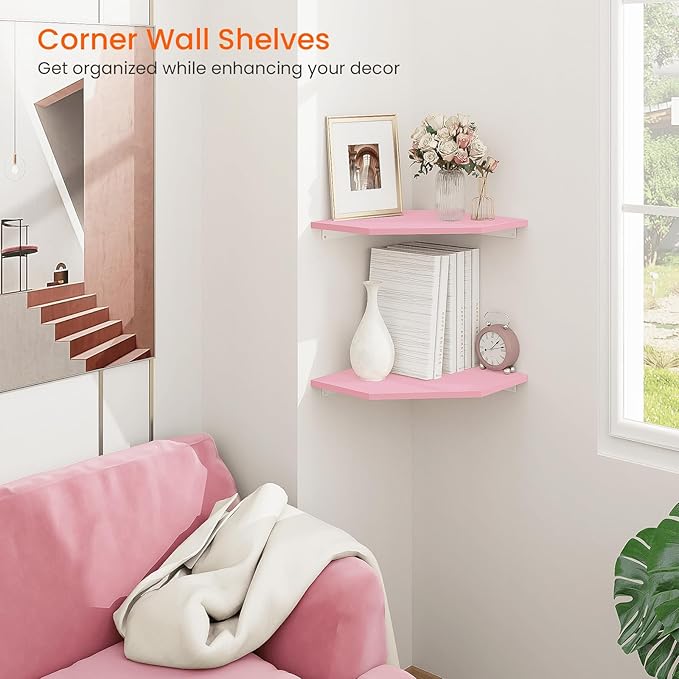 Homode Corner Floating Shelves, Corner Wall Shelf with Cord Hole, 2 Tier Wood Hanging Corner Shelf for Bathroom, Bedroom, Living Room, Pink-NeatNest