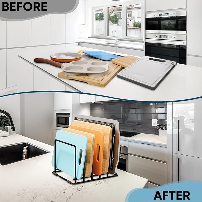 2-Pack Cutting Board Organizer, 5-Slot Steel Kitchen Storage Rack for Cutting Boards, Baking Trays, and Thin Pans - Compact Clutter-Free Solution