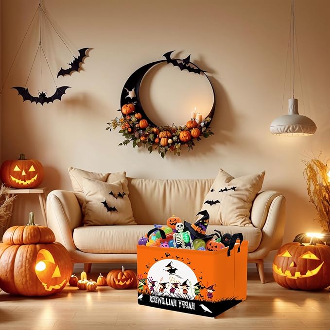 Halloween Basket Gift Cute Pumpkin Ghost Parties Decor Kid Trick or Treat Basket for Boys and Girls Rectangular Storage Bin Box (Witch)-NeatNest