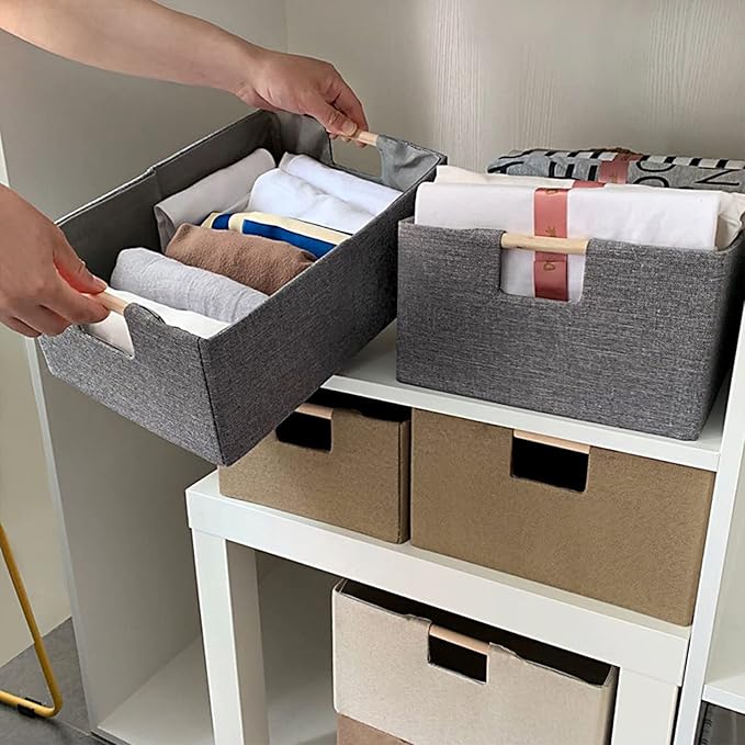 ANMINY 4PCS Storage Baskets for Organizing Collapsible Fabric Storage Bins Boxes with Wood Handles Closet Shelves Cube Organizer Bins Clothes Laundry Storage Container - Medium, Gray-NeatNest