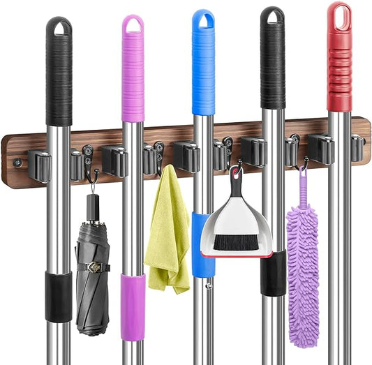 IMILLET Broom Holder Wall Mount, Rustic Wood Broom Hanger with 5 Racks and 4 Hooks, Laundry Room Organization and Storage, Mop Holder for Home Decor, Garden, Garage, Kitchen, Closet-NeatNest